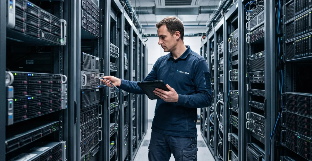 Technicien IT inspectant l'infrastructure de serveurs web dans un centre de données professionnel