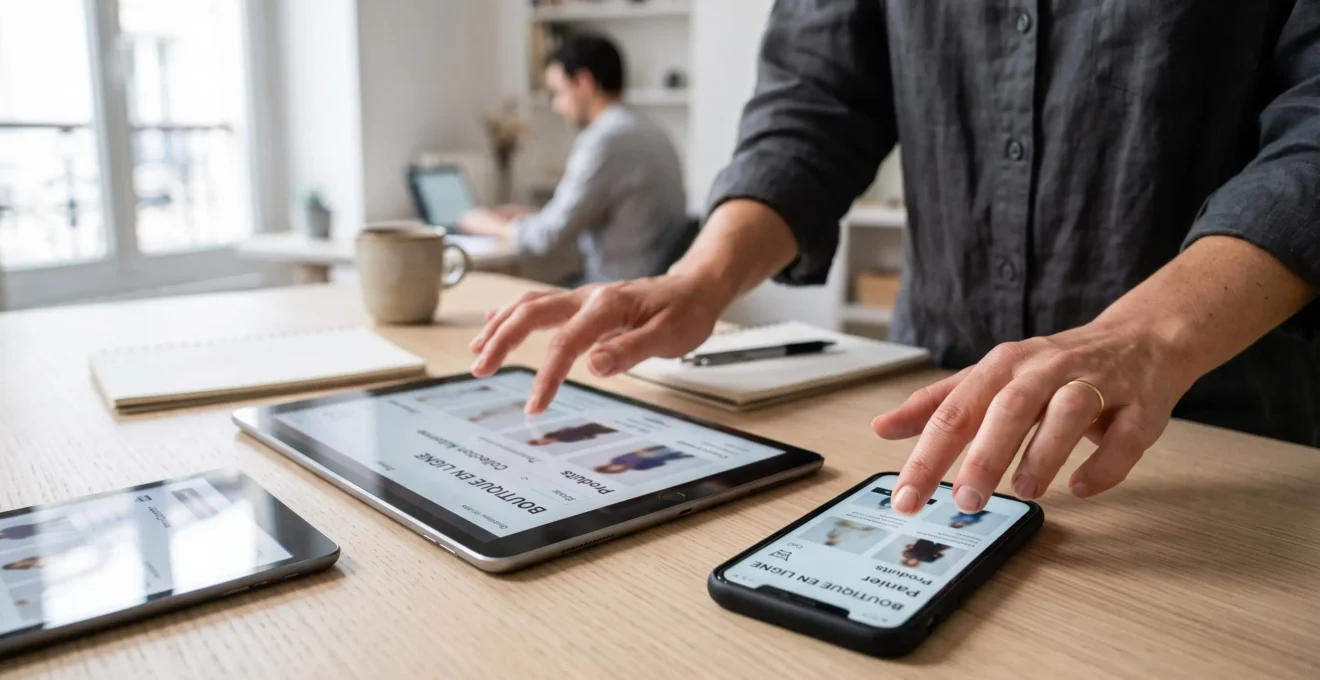 Designer UX testant un design responsive de site web sur plusieurs appareils incluant smartphone et tablette