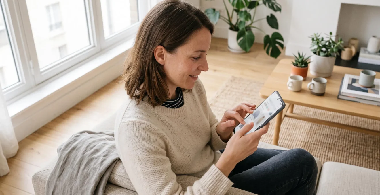 Personne utilisant un smartphone pour effectuer des achats en ligne dans un intérieur domestique moderne