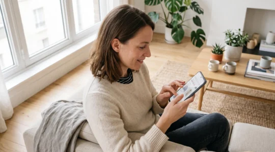 Personne utilisant un smartphone pour effectuer des achats en ligne dans un intérieur domestique moderne